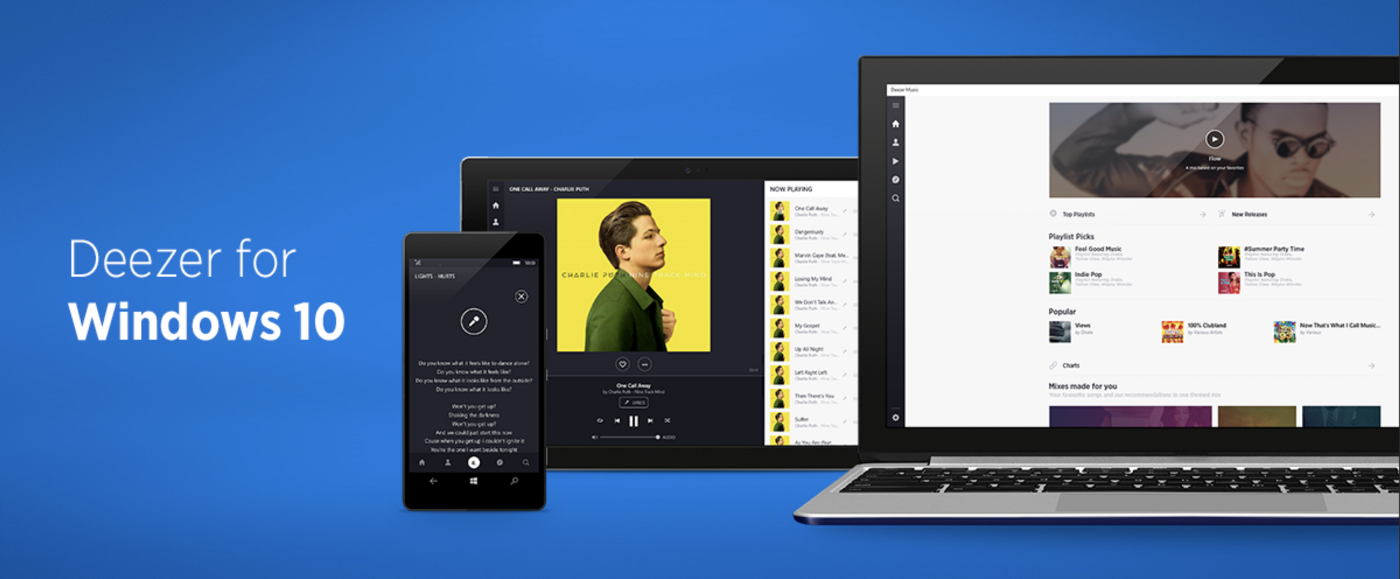 The Deezer for Windows 10 app screenshot, on mobile, tablet and PC