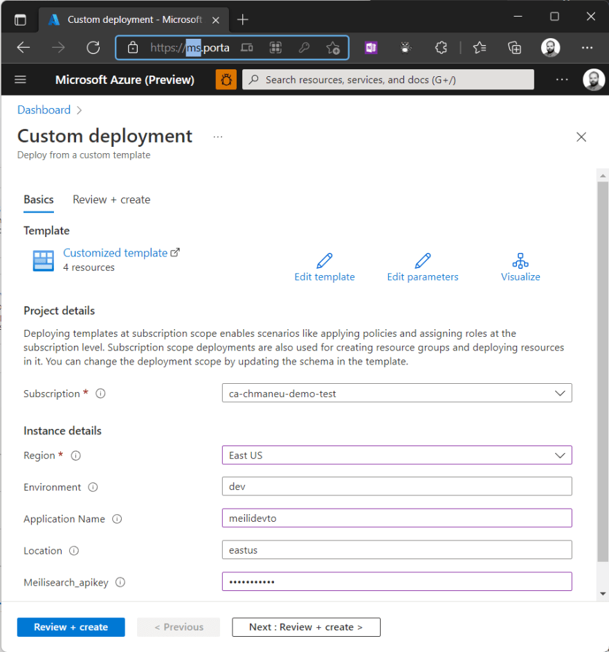 Azure portal asking deployment parameters