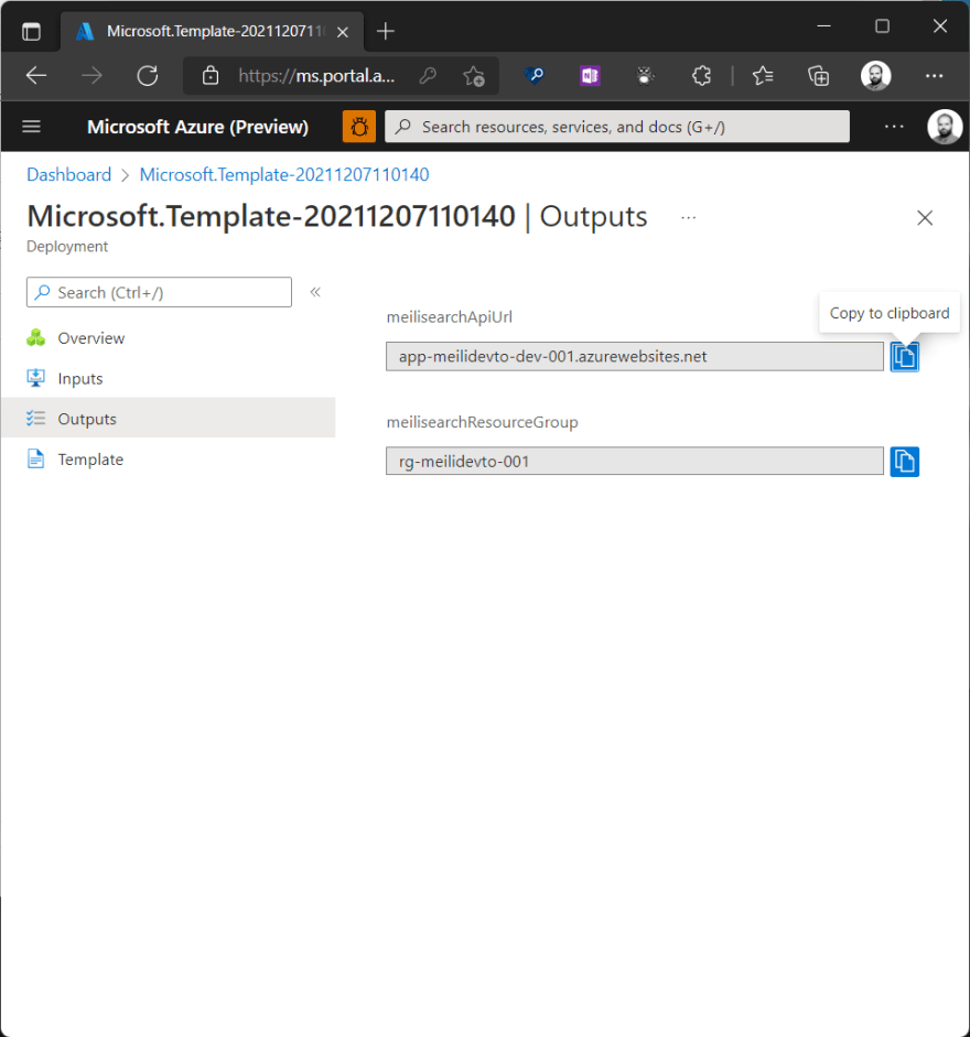 The deployment output table, showing the Meilisearch API url