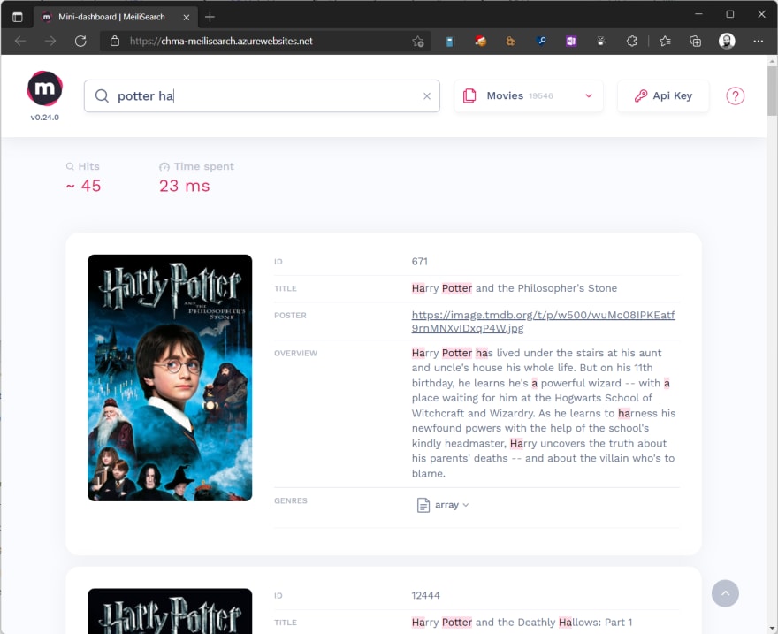 Melisearch dashboard hosted on Azure displaying search results with Harry Potter movies