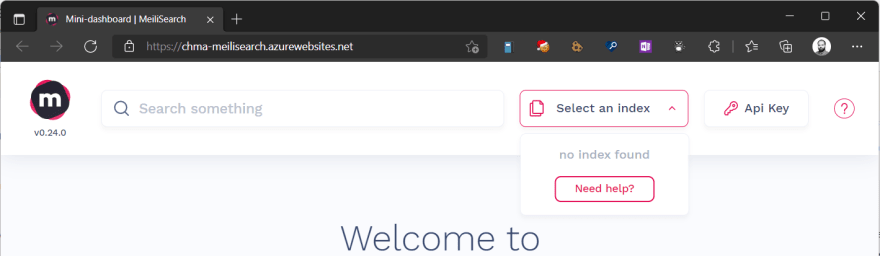 The meilisearch dashboard with no index